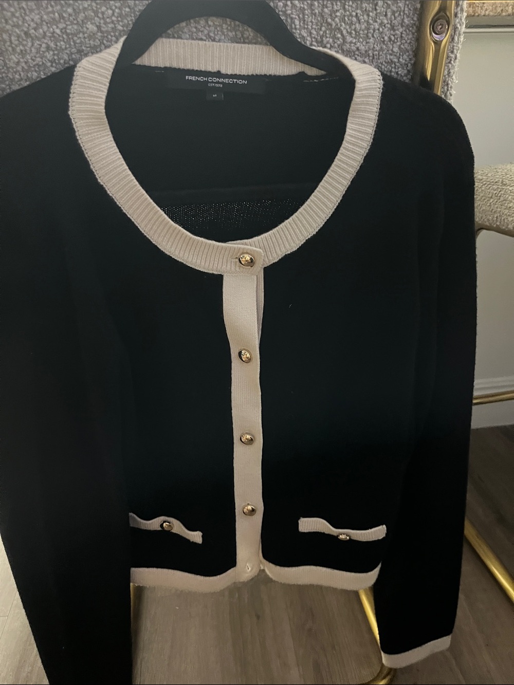 French Connection Black Cardigan with Cream Trim and Gold Buttons